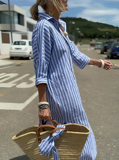 Lace-Up Striped Shirt Dress – Effortless Elegance by Charming Closet