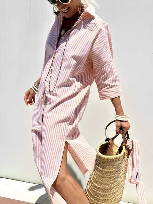Lace-Up Striped Shirt Dress – Effortless Elegance by Charming Closet