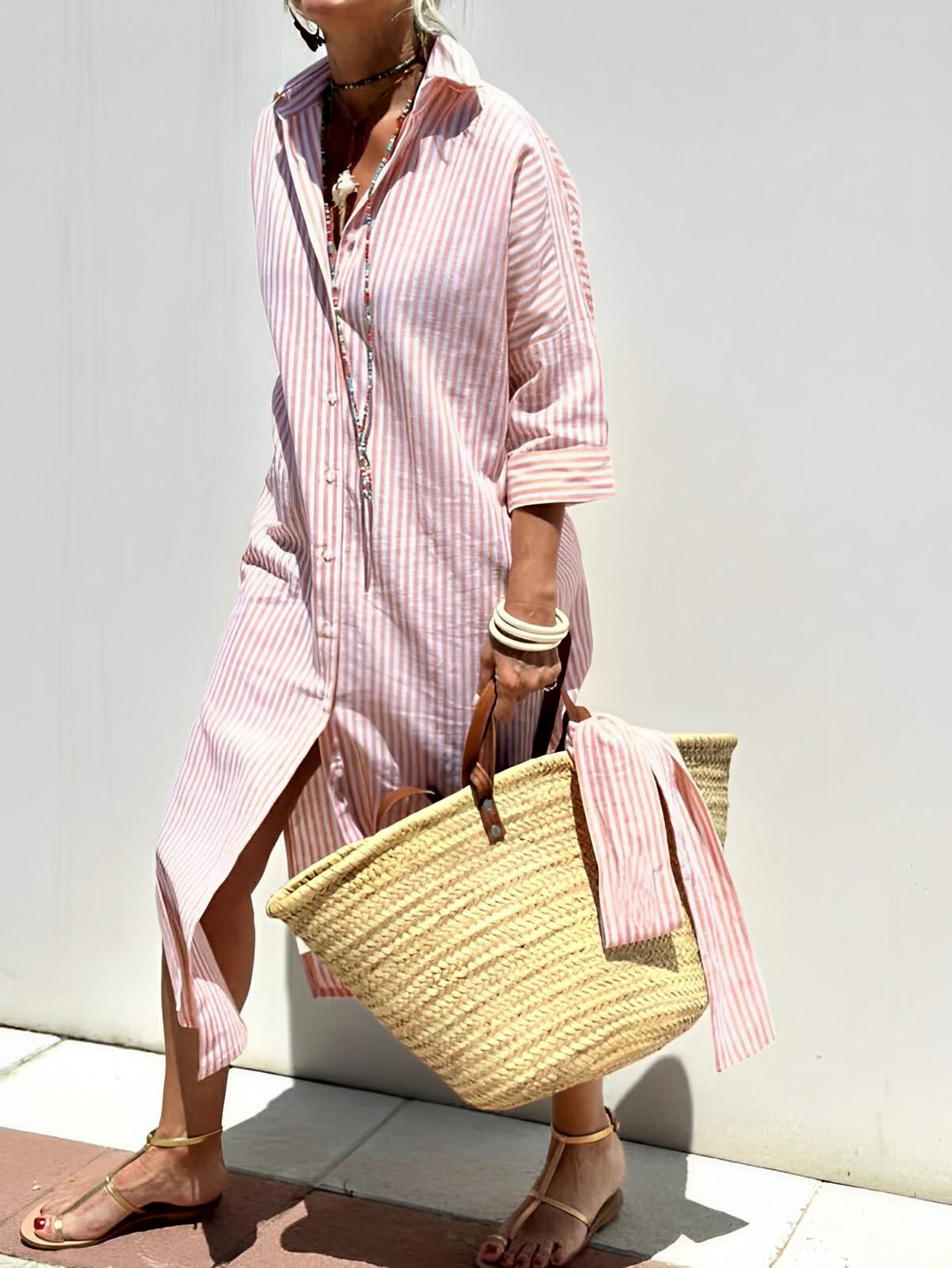 Lace-Up Striped Shirt Dress – Effortless Elegance by Charming Closet
